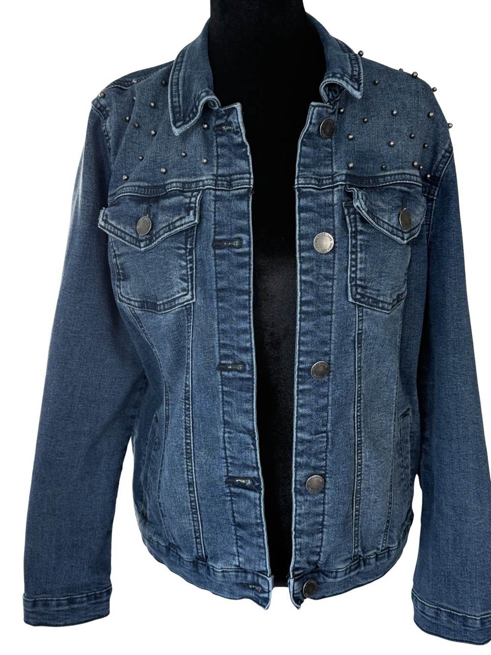 Juicy Couture Dark Wash Denim Jacket Studded Trim Button Front Women’s Size M.